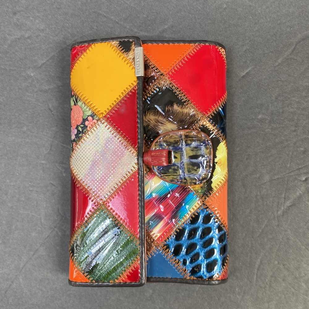 patchwork leather trifold wallet pen mark callout otherwise perfect condition - Picture 2 of 15